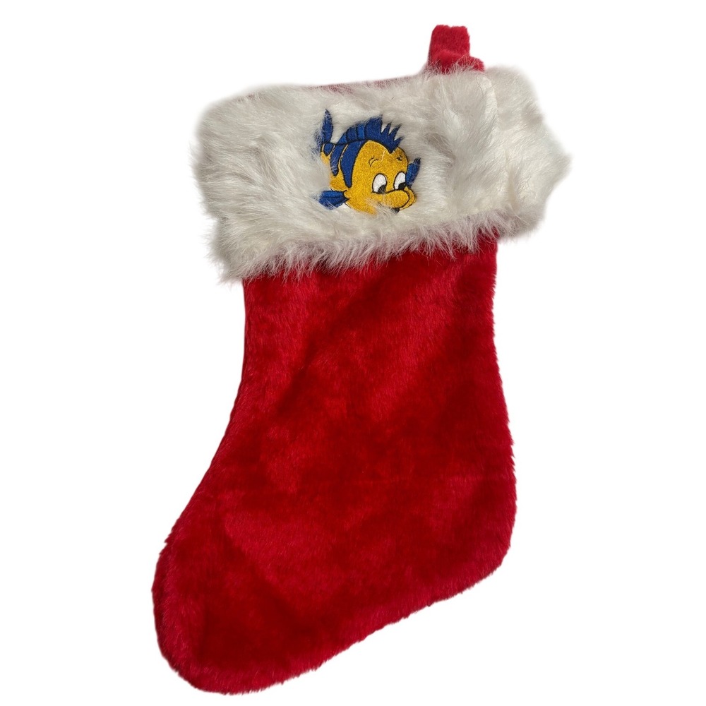 Vintage Embroidered Disney The Little Mermaid Flounder Christmas Stocking Red